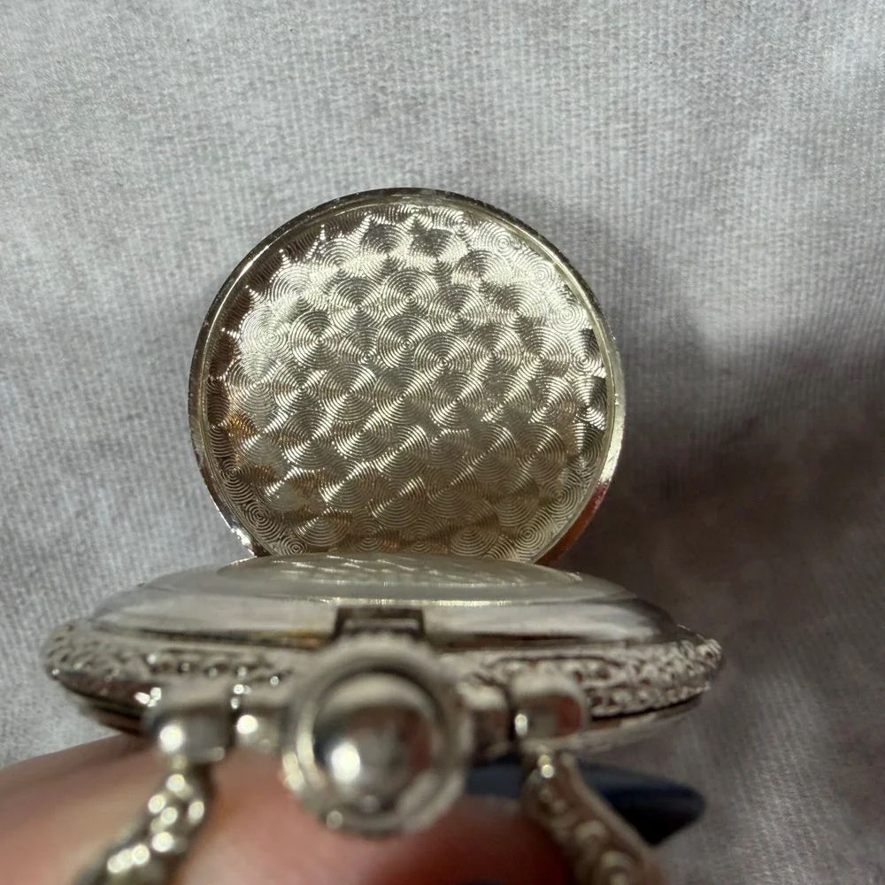 Vtg Pocket Watch Quartz Silver Tone Hunter Case Ornate Floral Japan Movt WORKING